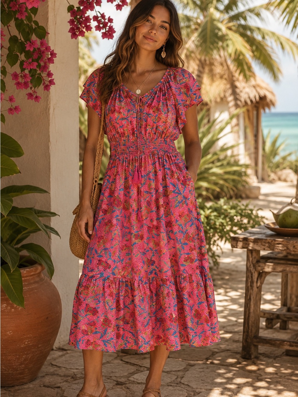 Destination 365 Floral Smocked Tie Front Tropical Boho Maxi Dress Size M